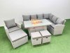 Fimous 10 Seat Rattan Garden Furniture Corner Sofa Set Outdoor Gas Fire Pit Table Set with 3 Footstools Light Grey