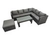 Fimous Outdoor Rattan Oblong Coffee Table Corner Sofa Sets Garden Furniture Set with Big Stool Dark Grey Mixed