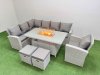 Fimous 9 Seat Rattan Garden Furniture Corner Sofa Set Outdoor Gas Fire Pit Table Sets with 2 Small Footstools Light Grey