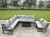 Fimous 10 Pieces Aluminium Garden Furniture Set with Cushions, Patio Furniture Set with Adjustable Rising Lifting Dining Table 3 Footstools Dark Grey