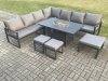 Fimous Aluminium Lounge Corner Sofa Outdoor Garden Furniture Sets Gas Fire Pit Dining Table Set with 3 Footstools Dark Grey