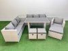 Fimous Patio Garden Furniture Sets with Black Glass Top Dining Table 3 Seater Sofa Armchair 2 Side Tables 3 Stool Light Grey