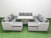 Fimous PE Rattan Lounge Sofa Set 11 Seater Outdoor Garden Furniture Set with Adjustable Lifting Dining or Coffee Table 3 Seater Sofa 2 Big Footstools Light Grey