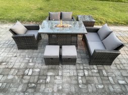 Fimous Rattan Outdoor Garden Furniture Gas Fire Pit Table Sets Gas Heater with Love Sofa Armchair Side Table 2 Small Footstools 7 Seater Dark Mixed Grey