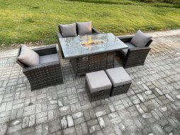 Fimous 6 Seater Outdoor Rattan Sofa Set Garden Furniture Gas Firepit Dining Table Heater with 2 Small Footstools Dark Grey Mixed
