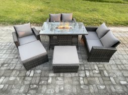 Fimous 7 Seater Rattan Garden Furniture Set Outdoor Lounge Sofa Chair Gas Fire Pit Dining Table Set With 2 Big Footstool Double Seat Sofa Armchiar