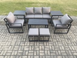 Fimous Aluminium Patio Outdoor Furniture Set 8 Pcs Garden Sofa with Oblong Coffee Table 2 Small Footstools 2 Armchairs 2 Side Tables Dark Grey