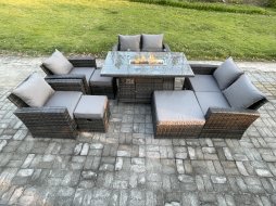 Fimous Outdoor Garden Furniture Sets 8 Pieces Wicker Rattan Furniture Gas Firepit Dining Table Sofa Set with 3 Footstools Dark Grey Mixed