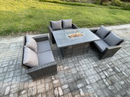 Fimous Outdoor Garden Dining Sets 6 Seater Rattan Patio Furniture Sofa Set with Gas Firepit Table Double Seat Sofa Dark Grey Mixed