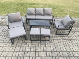 Fimous Aluminium 7 Pieces Garden Furniture Sofa Set with Cushions 8 Seater Outdoor Patio Set with 2 Armchair 3 Footstools Dark Grey