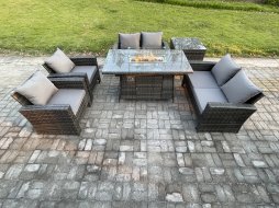 Fimous Wicker PE Rattan Garden Furniture Sets 6 Seater Patio Outdoor Gas Firepit Dining Table Heater Set with Double Seat Sofa Side Table Dark Grey Mixed