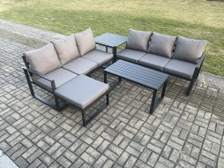 Fimous Aluminium 5 Pieces Outdoor Garden Furniture Lounge Sofa Set with Oblong Coffee Table Big Footstool Side Table Dark Grey