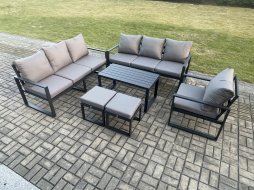 Fimous Aluminium 9 Seater Garden Furniture Outdoor Patio Sofa Set with Rectangular Coffee Table Armchair 2 Small Footstool Dark Grey