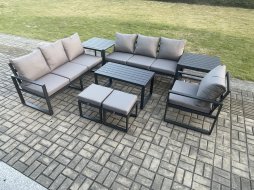 Fimous Aluminium 9 Seater Garden Furniture Outdoor Patio Sofa Set with Rectangular Coffee Table Armchair 2 Small Footstool 2 Side Tables Dark Grey