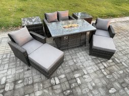 Fimous Outdoor Garden Dining Sets 6 Seater Rattan Patio Furniture Sofa Set with Gas Firepit Table 2 Big Footstool 2 Side Tables Dark Grey Mixed