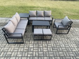 Fimous Aluminium 9 Seater Garden Furniture Outdoor Patio Sofa Set with Rectangular Coffee Table Armchair 2 Small Footstool Side Table Dark Grey