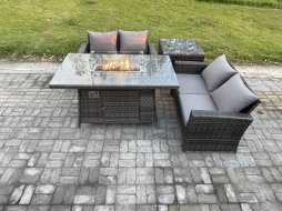 Fimous 4 Pieces Garden Furniture Sets Poly Rattan Outdoor Patio Gas Firepit Dining Table Sofa Set for Garden Backyard Dark Grey Mixed