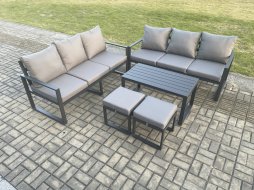 Fimous Aluminium Patio Outdoor Garden Furniture Lounge Sofa Set with Oblong Coffee Table 2 Small Footstools Dark Grey