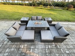 Fimous High Back Rattan Garden Furniture Sofa Sets with Outdoor Furniture Gas Firepit Dining Table Set 2 Big Footstool 2 Side Tables Dark Grey Mixed