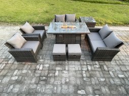 Fimous Wicker PE Rattan Garden Furniture Sets 8 Seater Patio Outdoor Gas Firepit Dining Table Heater Set with Double Seat Sofa Side Table 2 Small Footstools Dark Grey Mixed
