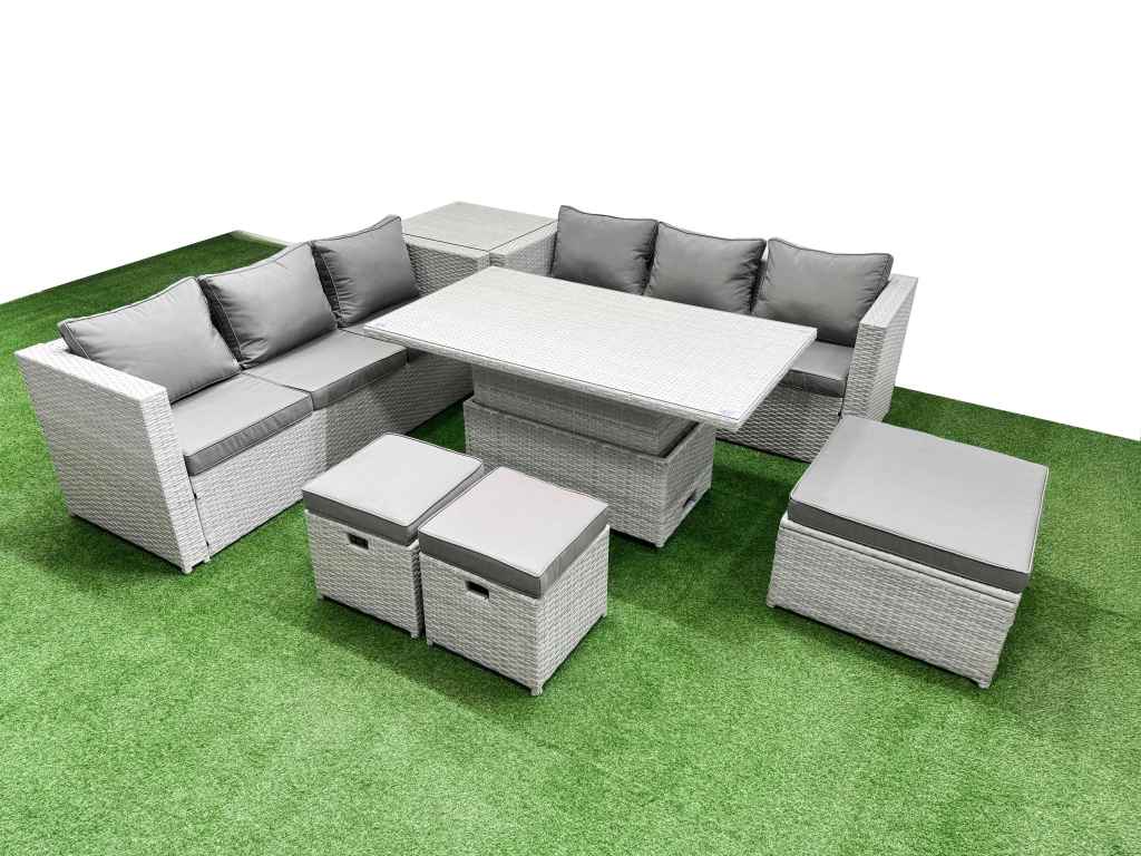 Elegant 7 Piece Rattan Rising Dining Table Set with Sofas and ...