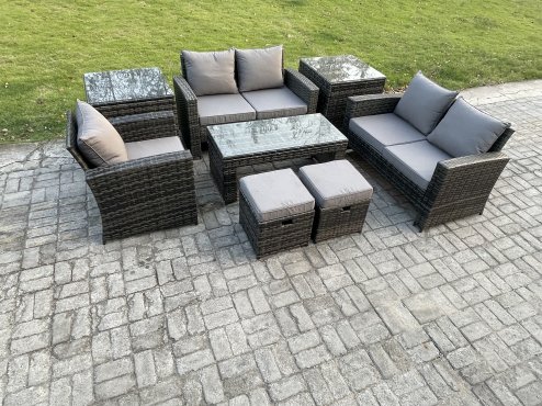 Fimous 7 Seater Outdoor Rattan Patio Furniture Set Garden Lounge Sofa Set with 2 Side Tables 2 Small Footstools Coffee Table Dark Grey Mixed