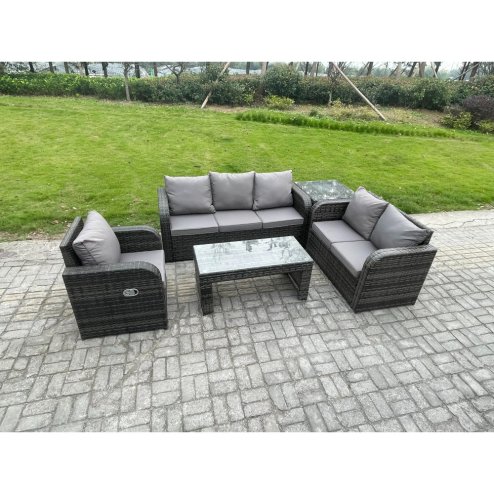 Fimous 6 Seater High Back Rattan Garden Furniture Set with Loveseat Sofa Rectangular Coffee Table Side Table Indoor Outdoor Patio Lounge Sofa Set Dark Grey Mixed