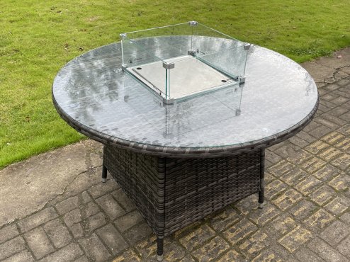 Fimous Outdoor Rattan Garden Furniture Set Gas Fire Pit Round Table Sets Gas Heater with 6 Seater Dining Cahirs Dark Grey Mixed