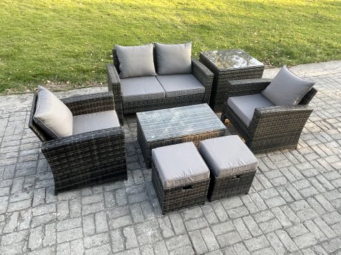 Fimous Outdoor Lounge Sofa Set Wicker PE Rattan Garden Furniture Set with Rectangular Coffee Table Double Seat Sofa Side Table 2 Small Footstools Dark Grey Mixed