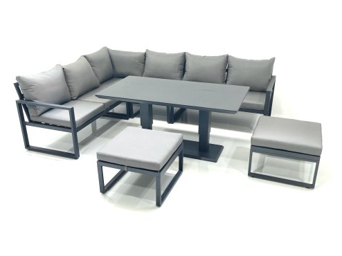 Fimous Aluminum Outdoor Garden Furniture Set Corner Sofa 2 Big Footstools Adjustable Rising Lifting Dining Table Sets Dark Grey