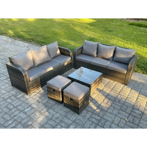 Fimous Indoor Outdoor Rattan Garden Furniture 8 Seater Set Table Sofa Chair Patio Conservatory with Grey Cushions 2 Small Footstools