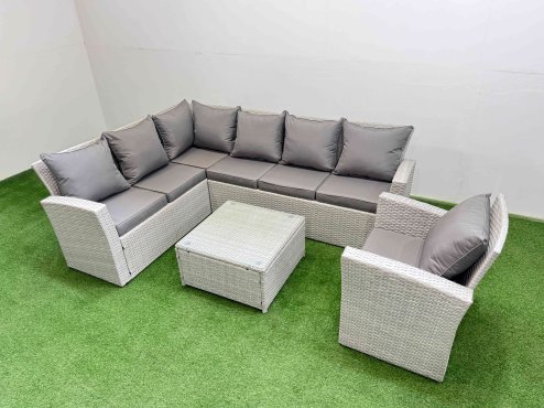 Fimous Outdoor Rattan Garden Furniture Set 7 Seater Corner Sofa Sets with Square Coffee Table Chair Light Grey Mixed