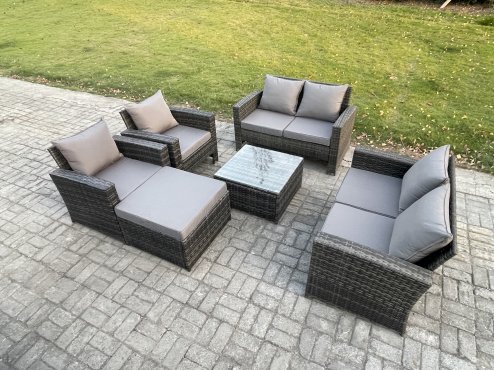 Fimous Rattan Garden Furniture Set 7 Seater Patio Outdoor Lounge Sofa Set with Square Coffee Table Double Seat Sofa Big Footstool Dark Grey Mixed