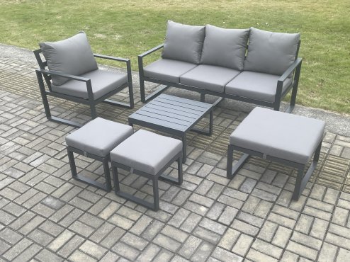 Fimous Aluminium Outdoor Garden Furniture Set Lounge Sofa Chair Square Coffee Table Sets with 3 Footstools Dark Grey