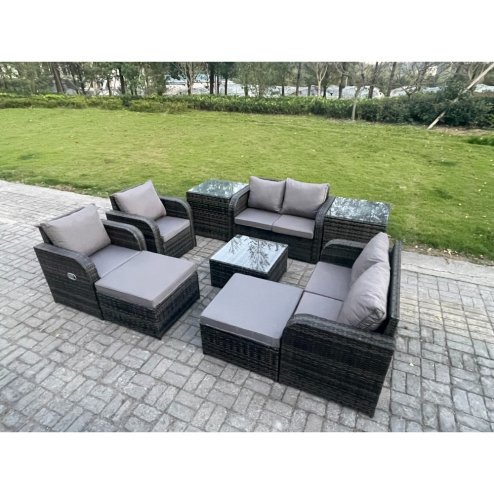 Fimous Garden Furniture Set Rattan Outdoor Lounge Sofa Chair With Tempered Glass Table 2 Big Footstool 2 Side Tables Dark Grey Mixed