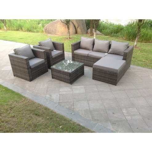Fimous Lounge Dark Mixed Grey Rattan Sofa Set With Tables 2 Armchair Stool Outdoor Garden Furniture Patio 6 Seater
