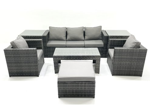 Fimous Rattan Garden Furniture Set Outdoor Lounger Sofa with Coffee Table 2 Armchair Big Footstool 2 Side Tables Dark Grey Mixed
