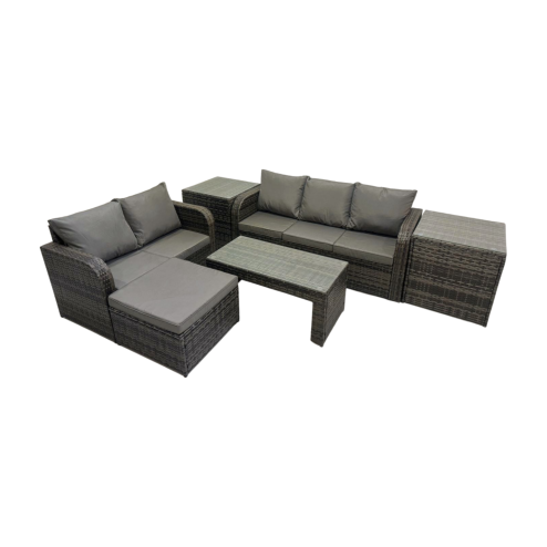 Fimous Rattan Garden Outdoor Furniture Set 3 Seater Sofa Love Sofa Coffee Table with Big Footstool 2 Side Tables Dark Grey Mixed