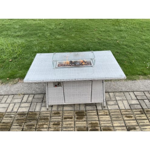 Fimous Garden Dining Sets Outdoor Rattan Furniture Gas Fire Pit Dining Table Gas Heater with Big Footstool Light Grey