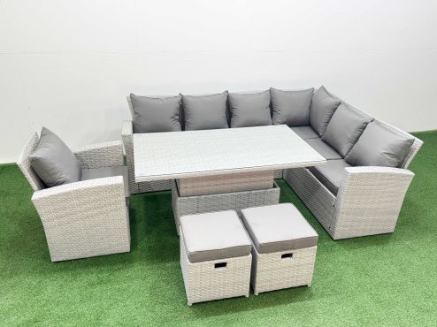 Fimous 9 Seat Rattan Garden Furniture Corner Sofa Set Outdoor Adjustable Lifting Dining or Coffee Table Set with 2 Small Footstools Light Grey