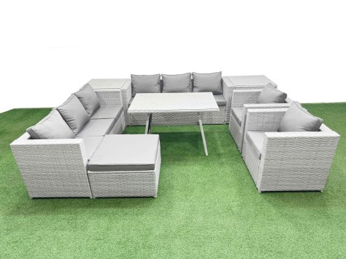 Fimous 9 Seat Garden Furniture Set PE Ratten Garden Sofa Set with Rectangular Dining Table Big Stool 2 Side Tables Light Grey