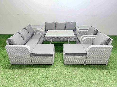 Fimous Rattan High Back Lounge Sofa Set Patio Dining Table & Chairs Set with 3 Seater Sofa 2 Reclining Chairs 2 Side Tables 2 Big Stool Light Grey