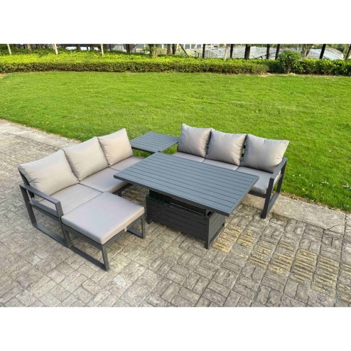Fimous 4 Pieces Garden Furniture Set Aluminium Adjustable Rising Lifting Dining Table and Sofa Set with Big Footstool Dark Grey