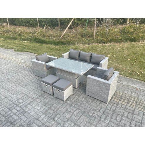 Fimous Rattan Garden Funiture Set Adjustable Rising Lifting Table Sofa Dining Set With 2 Arm Chair Stool