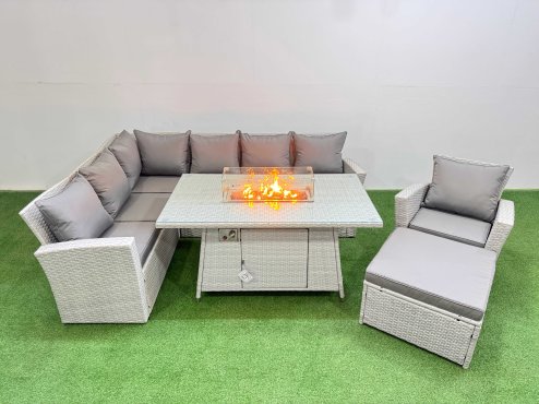 Fimous 8 Seat Rattan Garden Furniture Corner Sofa Set Outdoor Gas Fire Pit Table Sets with Big Footstool Light Grey