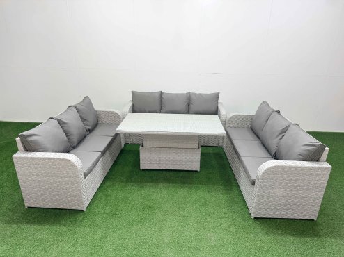 Fimous PE Rattan Lounge Sofa Set 9 Seater Outdoor Garden Furniture Set with Adjustable Lifting Dining or Coffee Table 3 Seater Sofa Light Grey