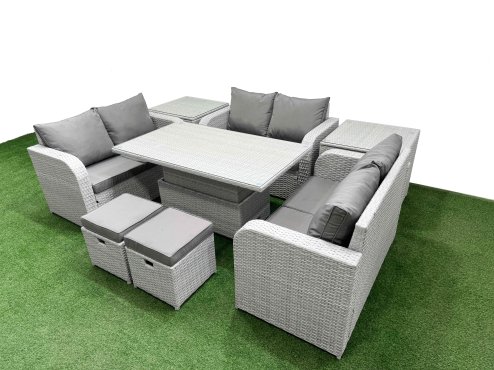 Fimous 8 Seater PE Wicker Rattan Furniture Sofa Sets with Adjustable Lifting Dining or Coffee Table 2 Seater Love Sofa 2 Stool 2 Side Table Light Grey