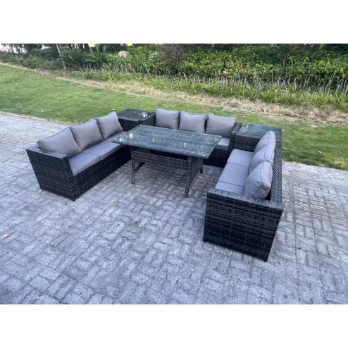 Fimous Wicker Outdoor Garden Furniture Rattan Lounge Sofa Set Patio Rectangular Dining Table with 2 Side Table 9 Seater Dark Grey Mixed