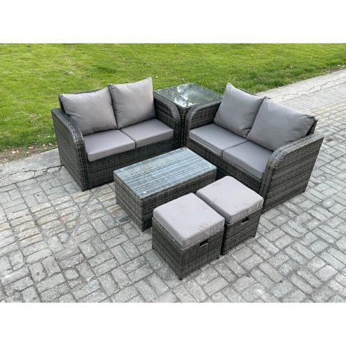 Fimous Outdoor Lounge Sofa Set Rattan Garden Furniture Set with Rectangular Coffee Table 2 Small Footstools Side Table Dark Grey Mixed