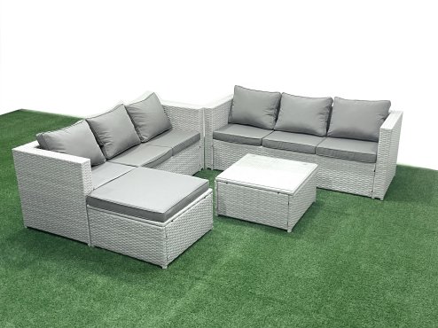 Fimous Rattan Garden Outdoor Furniture Set 7 Seater Rattan Garden Sofa Set with Big Footstool Light Grey Mixed Image